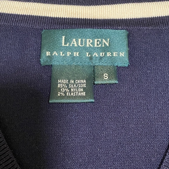 Vintage Lauren Ralph Lauren V-Neck Navy White Long Sleeve Women’s Sweater Silk S - Picture 2 of 8